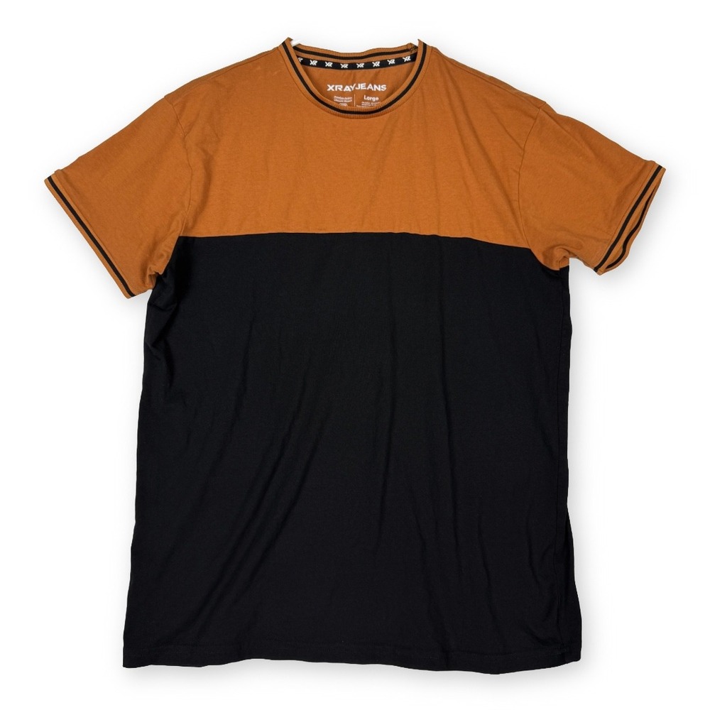 XRAY JEANS Mens Large Colorblock T-Shirt Orange Black Premium Cotton Stretch